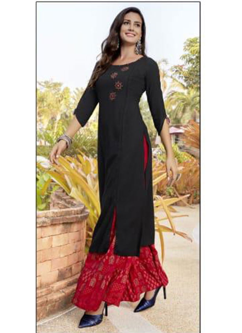 Rose Heavy Rayon Embroidery And Hand Work Kurti With Rayon Print Sharara Designer Collection 8001-8006